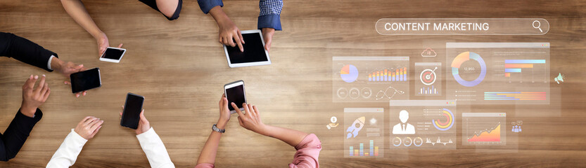 Content marketing interface with data dashboards, analytics charts, and content tools. Marketing...