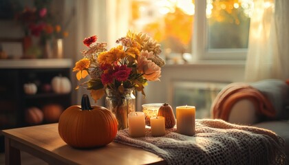 A wooden table displays a pumpkin, candles, and an autumnal flower arrangement in a glass vase, illuminated by sunlight streaming through a nearby window.