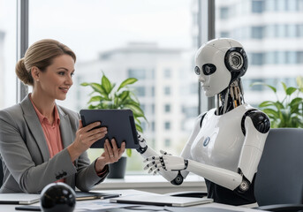 Woman and robot collaborate in an office, an image of progress and the future