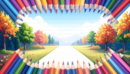 Fototapeta premium Colorful pencils frame a landscape scene (2)