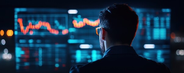 A person observes financial data on screens, analyzing trends and patterns in a high-tech environment, illuminated by colorful lights.