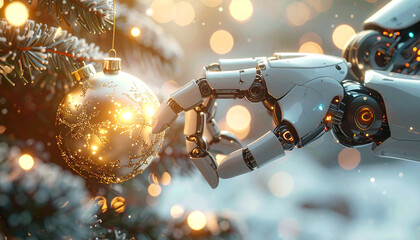 Artificial Embellishment: A robot hand delicately adorns a Christmas ornament on a festively decorated tree, a scene of technological integration amidst seasonal cheer.