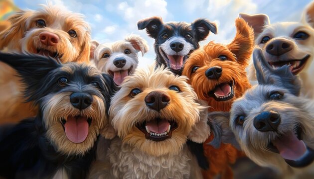 The illustration shows multiple dogs of various breeds smiling and looking directly at the viewer, creating a lively and cheerful scene.