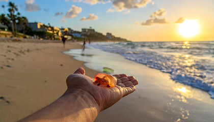  Hand Holding Jellyfish Shell on Beach - Sunrise Beach Walk