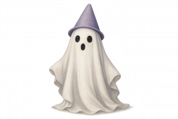 Cute ghost with surprised expression wearing a purple hat, perfect for halloween projects on transparent background