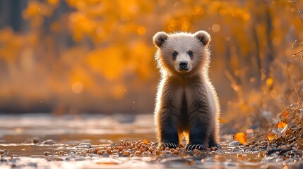 A cute fluffy bear cub stands on a rocky bank by a stream with a blurred golden autumn forest in the background