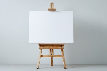 Blank white canvas on an easel on a wooden stand, a mock-up on a neutral background. Empty space for text or design. Web banner. Landscape artist easel painter, stand, frame. Sign Painting Mockup