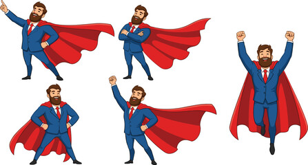 Superhero businessman, cartoon character, confident pose, flying action, red cape, leadership, motivation, success, vector illustration, professional man, dynamic stance, hero concept