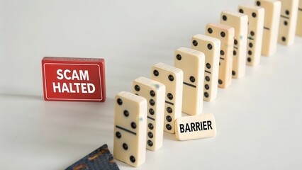 Creative Visual of Dominoes with Scam Halted and Barrier Concept