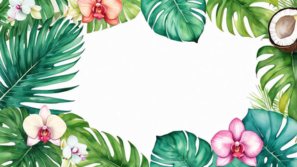 A beautiful tropical frame with watercolor monstera leaves, pink orchids, and a coconut. Ideal banner for summer party invitations, tropical branding, or blogs