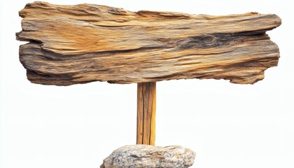 The image shows a weathered, brown wooden sign affixed to a small, gray rock with a wooden post, set against a pure white backdrop.