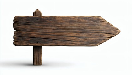 The image shows a brown wooden arrow sign attached to a wooden post against a white background.