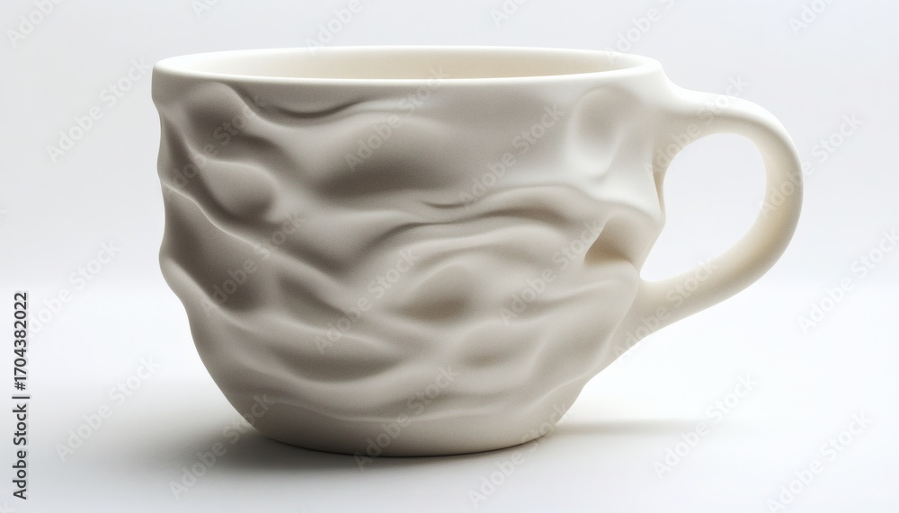 Poster the off-white mug features a three-dimensional, wave-like pattern across its surface and a curved ha