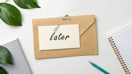 Creative Workspace Organization with Note and Envelope on Table