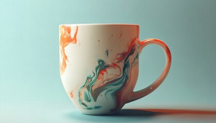 A large ceramic mug with a handle features a unique marble pattern in shades of orange, teal, and white on a light beige background.
