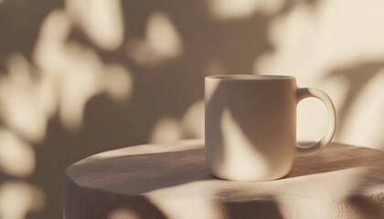 Fototapeta premium A speckled beige mug with a large handle sits on a round, beige table, illuminated by soft sunlight casting leaf shadows on the background and table.