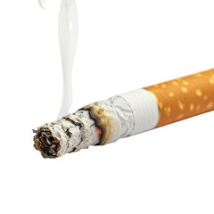 Used cigarette stub with ashy tip and visible smoke trail, slightly crumpled filter isolated on clean white background symbolizing harmful social issue
