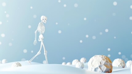 Raised awareness on world osteoporosis day with conceptual skeleton walking in snowy landscape. Horizontal medical banner. Free space for text. Bone health, skeletal health. Copy space