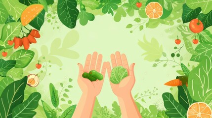 Celebration of world vegan day with fresh vegetables and fruits in vibrant greenery. Flat illustartion. Horizontal banner. Copy space. Healthy Food. World Vegetarian Day