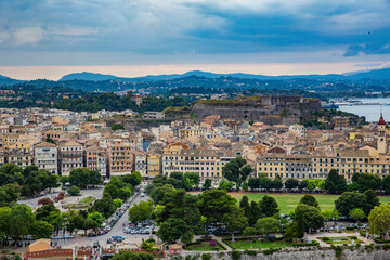 Fototapeta premium the concept of recreation is a combination of urban and marine recreation on a Mediterranean island surrounded by the purest sea water and the historic city of Corfu Kerkyra in Greece