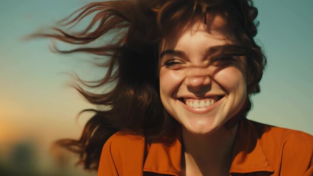 Carefree laughter. Woman laughing with wind in the hair.