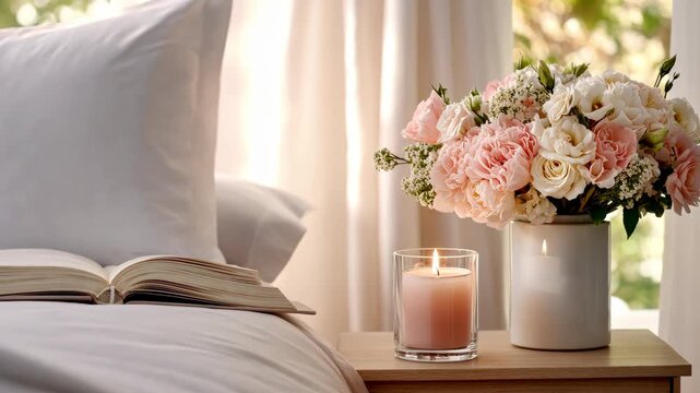 Serene morning light: open book and candle with fresh roses on bedside table