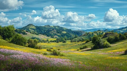 Naklejka premium vibrant pastoral scene of rolling hills and wildflower meadows