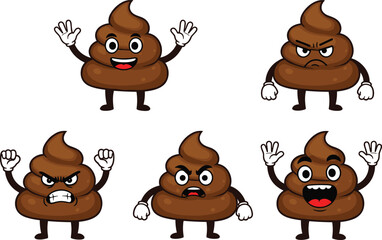 Art & IllustrationFunny poop emoji cartoon characters with various facial expressions, happy, angry, surprised, cute brown poo mascots, isolated vector set