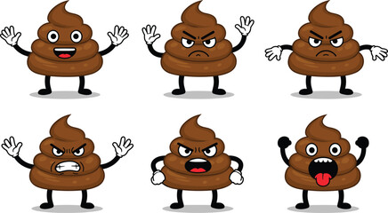Art & IllustrationFunny poop emoji cartoon characters with various facial expressions, happy, angry, surprised, cute brown poo mascots, isolated vector set