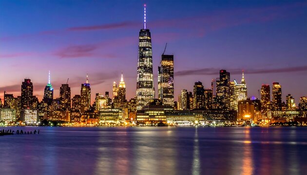 Night View of New York City Skyline with Reflections. - Powered by Adobe