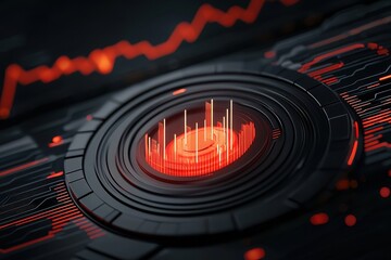 A close-up of a futuristic interface featuring a circular display, vibrant red elements, and digital wave patterns, conveying a sense of advanced technology.
