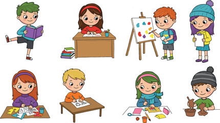 Art & IllustrationHappy children doing various creative activities, kids learning art, reading, writing, painting, crafting, drawing, clay modeling in classroom or at home