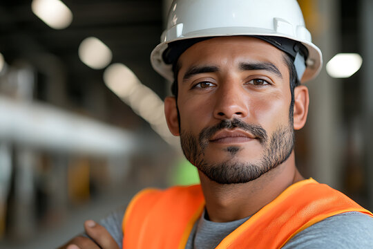 Portrait of a confident worker with a white hard hat and orange safety vest, showcasing professionalism and determination in a construction or industrial setting. - Powered by Adobe