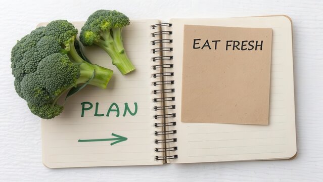Fresh Broccoli with Notebook for Healthy Eating and Meal Planning