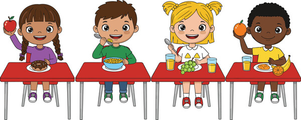 Art & IllustrationKids eating healthy and unhealthy breakfast food, children sitting at school table, diverse students holding fruits, cereal, juice, donut