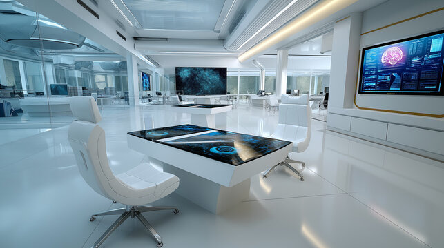 General plan: futuristic neural software interface shown on dual screens, white minimal setting, open space.