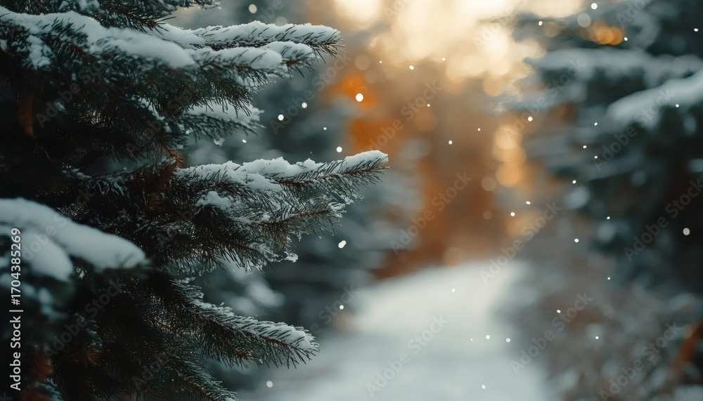 Poster the image shows a close-up of snow-covered pine branches with a blurred background of a snowy forest