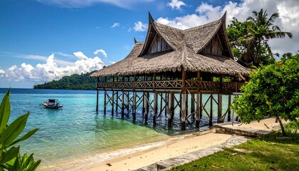 Obraz premium Tropical Stilt House Over Crystal Clear Water.