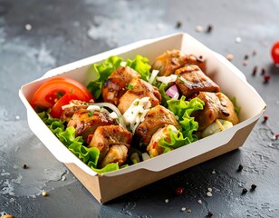 Grilled skewers in a cardboard container