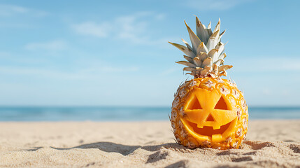 Tropical twist on Halloween! A carved pineapple jack-o'-lantern sits on a sandy beach with the ocean and blue sky in the background.