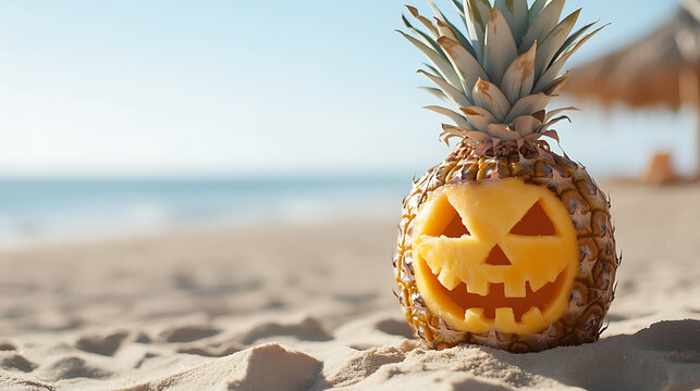 Festive pineapple jack-o-lantern on the beach, a tropical twist for Halloween! Sun, sand, and spooky smiles on a warm holiday by the ocean.