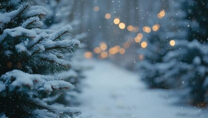 The image shows snow-covered pine branches in the foreground, with a blurred background of a snowy path and soft bokeh lights.