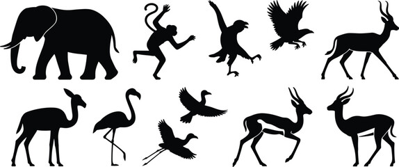 Animal silhouettes vector, wildlife icons, black shapes, flying birds, running antelope, elephant, monkey, deer, flamingo, nature illustration