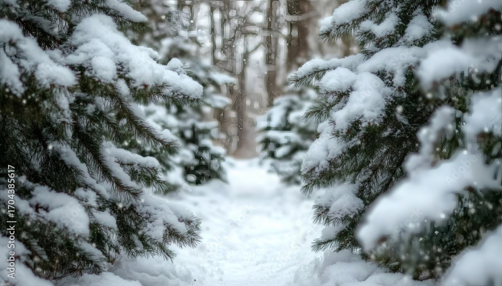 Poster a snow covered path is visible between two evergreen trees laden with fresh snow in a winter setting