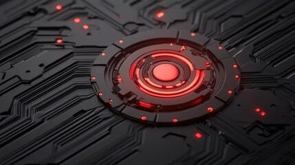 A futuristic, high-tech design featuring a central circular element surrounded by intricate, dark circuit patterns illuminated by red lights.