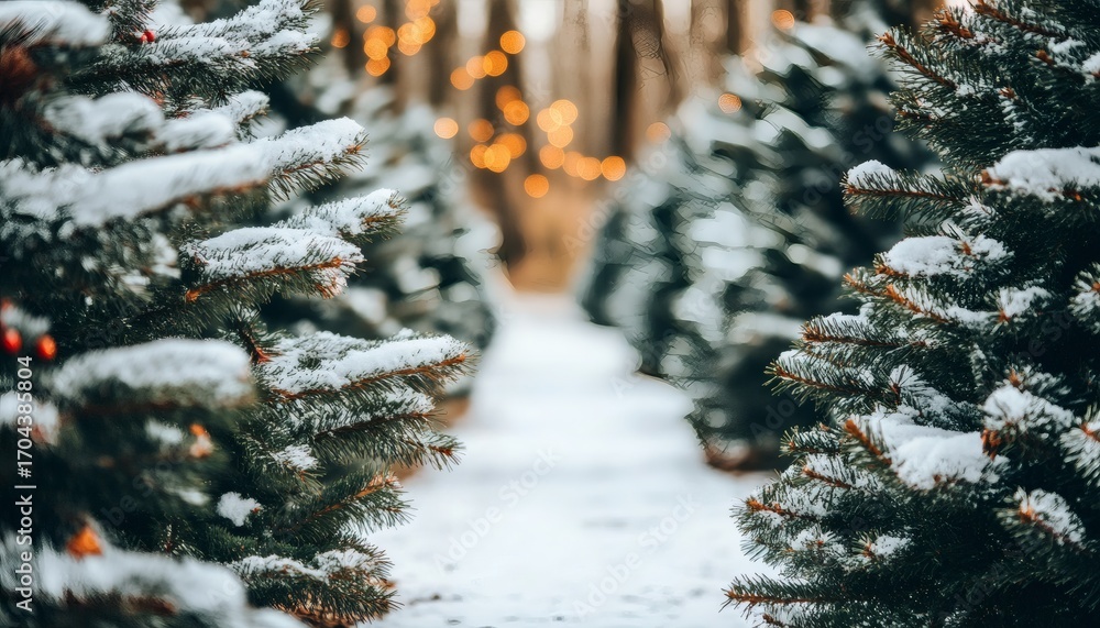 Poster the image shows two snow-laden pine trees framing a pathway with blurred golden lights in the backgr