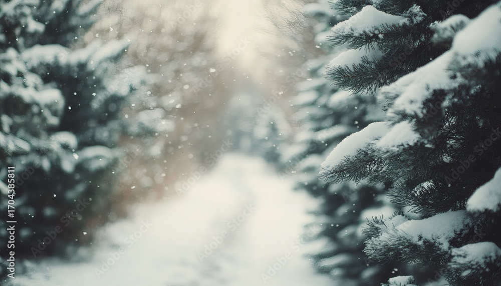 Poster the image shows a softly blurred path in a snowy forest with falling snow and pine tree branches cov