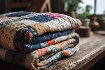 Fototapeta premium Traditional handmade quilt featuring colorful stitched patterns high resolution picture