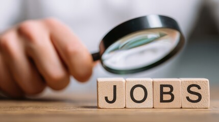 Magnifying glass examining the word Jobs on wooden blocks. Searching for job concept. Employment career opportunities