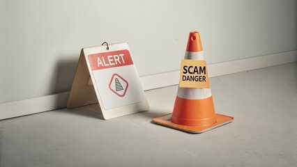 Caution Sign and Traffic Cone Indicating Alert for Scam Danger